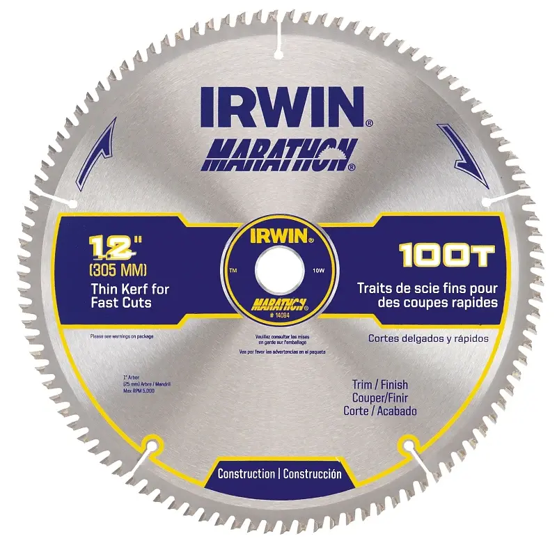 Irwin Marathon 14084 Table Saw Blade, 12 Dia, 1 Arbor, 100-Teeth, Carbide Cutting Edge