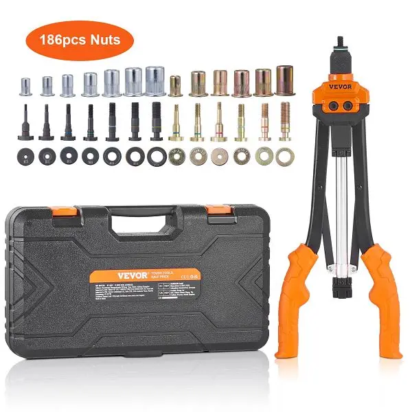 VEVOR Rivet Nut Tool Kit, 16” Tool 13 Pieces Metric and SAE Mandrels, 186 Pieces Rivet Nuts, Semi-auto Retraction, MLMQB...