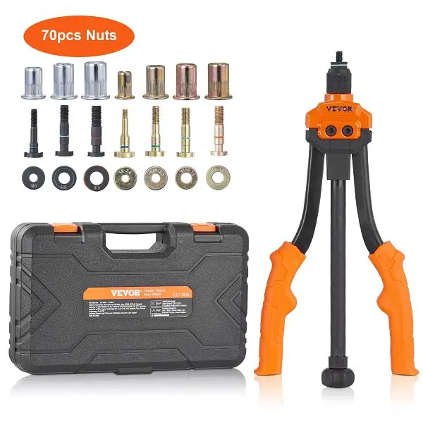 VEVOR Structural Rivet Hex Nut Tool Kit, 14” Tool 7 Pieces Metric and SAE Mandrels, 70 Pieces Assorted Rivet Nuts Rugged...