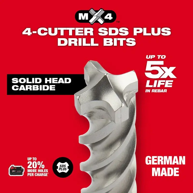 Milwaukee MX4 48-20-7246 Hammer Drill Bit, 1 Dia, 18 OAL, Spiral Flute, 4-Flute, SDS-Plus Shank