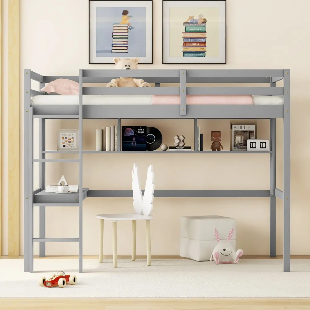 Loft Bed Desk And Shelves, Safety Guardrail And Ladder Mounting Hardware