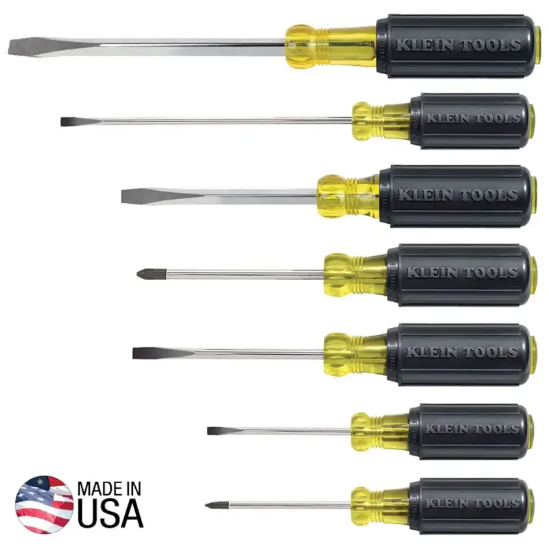 Klein Tools 85076 General Purpose Screwdriver Set, 7-Piece, Steel, Shiny metal, Black, Specifications: Round, Square Shank