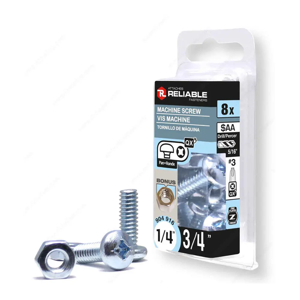 Zinc Plated Machine Pan Head Screw Nut and Quadrex Drive, 1/4" x 3/4" (8 Units)