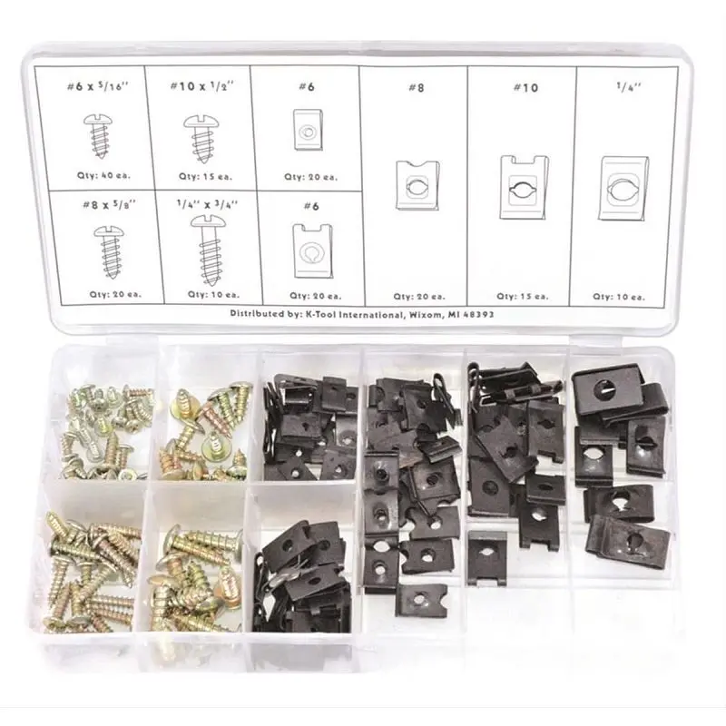 K Tool International 170-pieces U-Clip and Pipe Cap Screw Assortment Kit, KTI00084