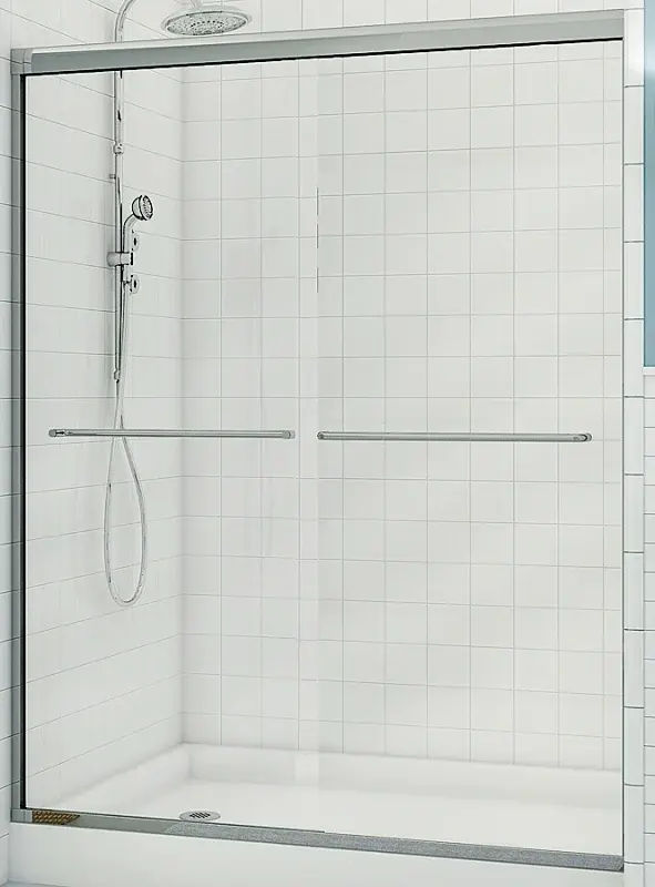 Maax Aura 135663-900-084 Sliding Shower Door, Shiny metal Frame, Clear Glass, Tempered Glass, Semi Frame, 2-Panel, Glass