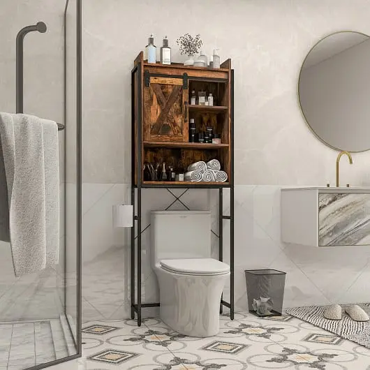 Costway All-Purpose 4-Tier Multifunctional Toilet Sorage Cabinet Adjustable Shelf and Sliding Barn Door, Rustic Brown, BA7...