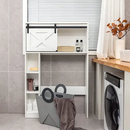Costway Certified-Safe 4-Tier Over Toilet Storage Cabinet Sliding Barn Door and Storage Shelves, White, BA7825WH