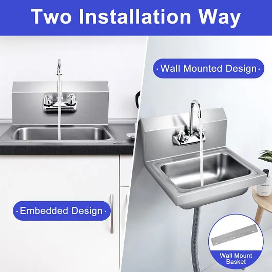 Costway Corrosion-Resistant Stainless Steel Sink Wall Mount Hand Washing Sink Faucet and Back Splash, KC52021