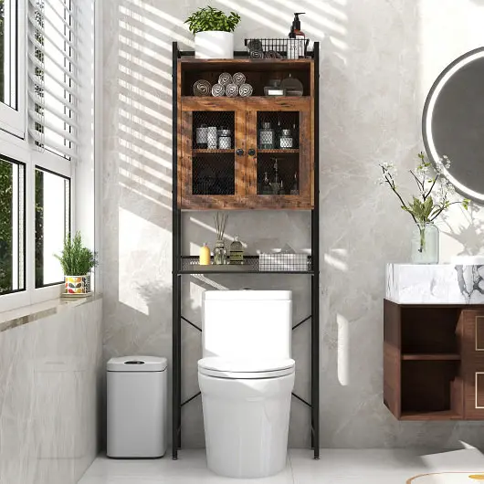 Costway Over--Toilet Storage Cabinet Heavy-Duty Metal Frame 2-door Freestanding, Rustic Tan, BA7857CF