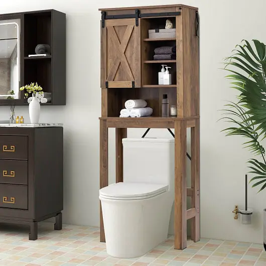 Costway Unique Wooden Bathroom Storage Cabinet Sliding Barn Door and 3, Level Adjustable Shelves, Rustic Espresso, BA7827GR