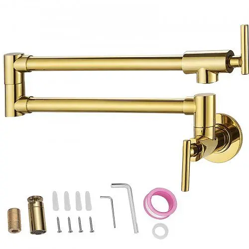 VEVOR Chemical-Resistant Pot Filler Faucet Wall Mount Kitchen Pot Filler Solid Naval Brass 2 Handles, Gold, 24.4 , BGSLTYC...