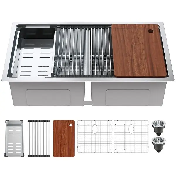 VEVOR Deluxe Kitchen Sink 33", 304 Stainless Spring Steel Drop- Sinks, Undermount Double Bowls Basin Ledge and Access...