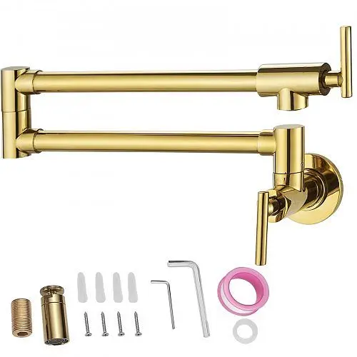 VEVOR Knurled Pot Filler Faucet Wall Mount Kitchen Pot Filler Solid Brass 2 Handles, Gold, 26.4 , BGSLTYCJSHT21NWJJV0