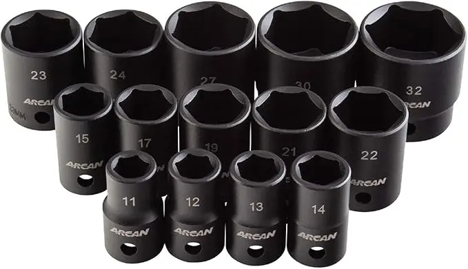 ARCAN TOOLS 1/2" Drive Shallow Impact Socket Adjust, Metric, 11mm - 32mm, 14 Pieces (AS21214M)