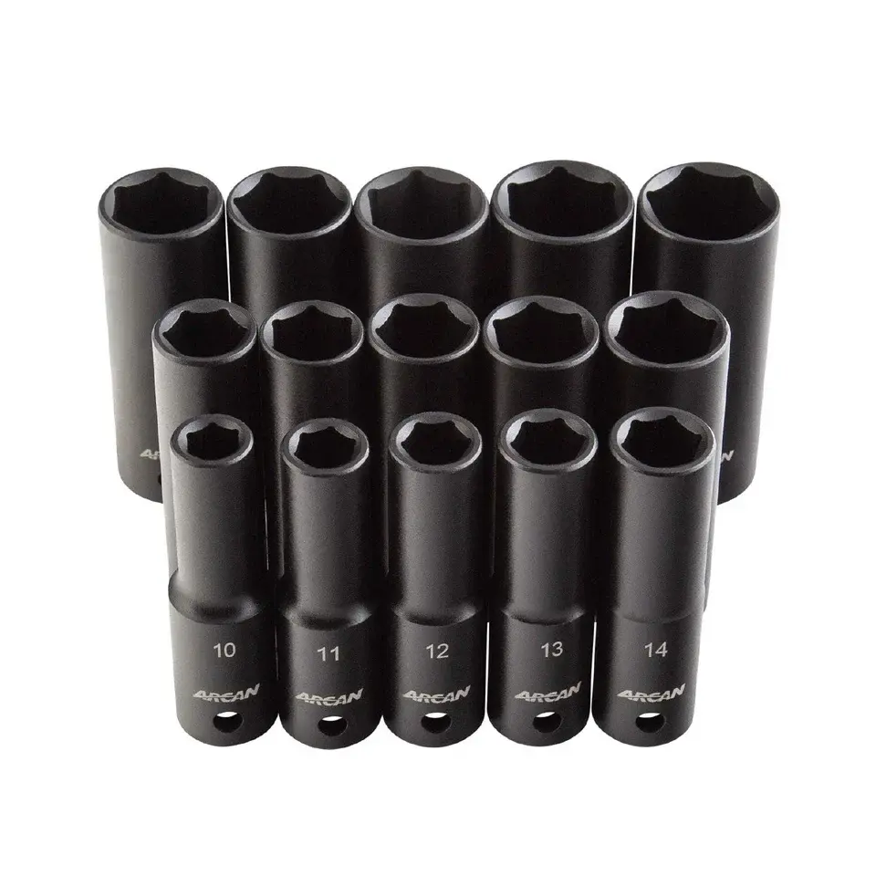 ARCAN TOOLS 1/2 Inch Drive Deep Impact Socket Adjust, Metric, 10mm - 24mm, Cr-V, 15-Piece (AS21215MD)