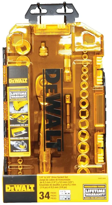 DEWALT DWMT73804 Socket Set, 34-Piece, Chromium Vanadium, Polished Chrome Vanadium