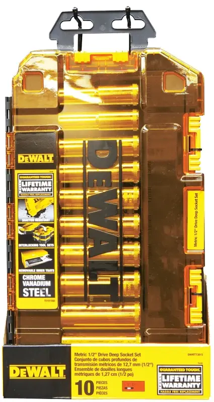 DEWALT DWMT73815 Series Socket Set, Chromium Vanadium Steel, Chrome, Includes: (10) 1/2 Drive Deep Sockets