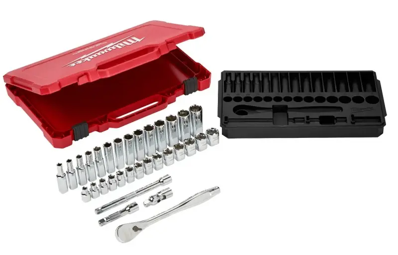 Milwaukee 48-22-9508 Ratchet and Socket Adjust, Alloy Steel, Chrome, Specifications: 3/8 Drive Size, Metric Measurement