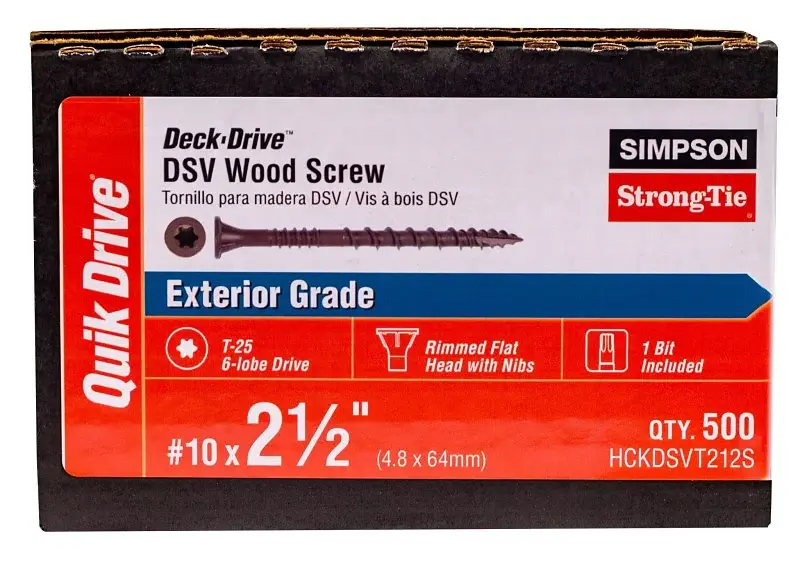 Simpson Strong-Tie Deck-Drive DSV HCKDSVT212S Screw, #10 Thread, 2-1/2 L, Ribbed Flat Head, T25 Drive, Alloy