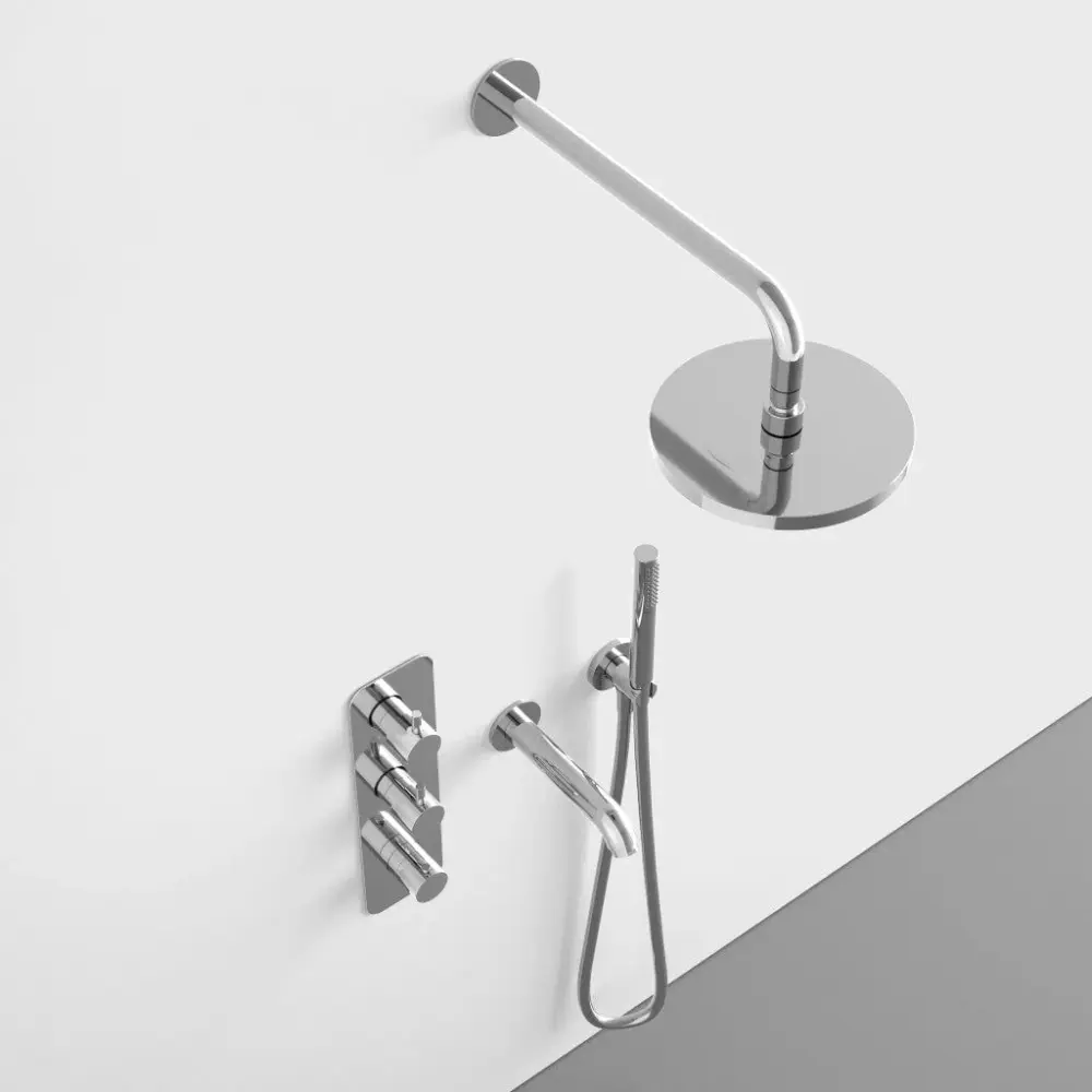 Three Way Thermostatic Shower Adjust Handheld Shower, Bath Spout And Wall Mounted Shower Head - Chrome