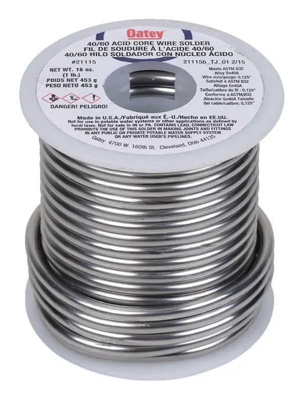 Oatey 21115 Acid Core Wire Solder, 1 lb, Solid, Platinum, 360 to 460 deg F Melting Point