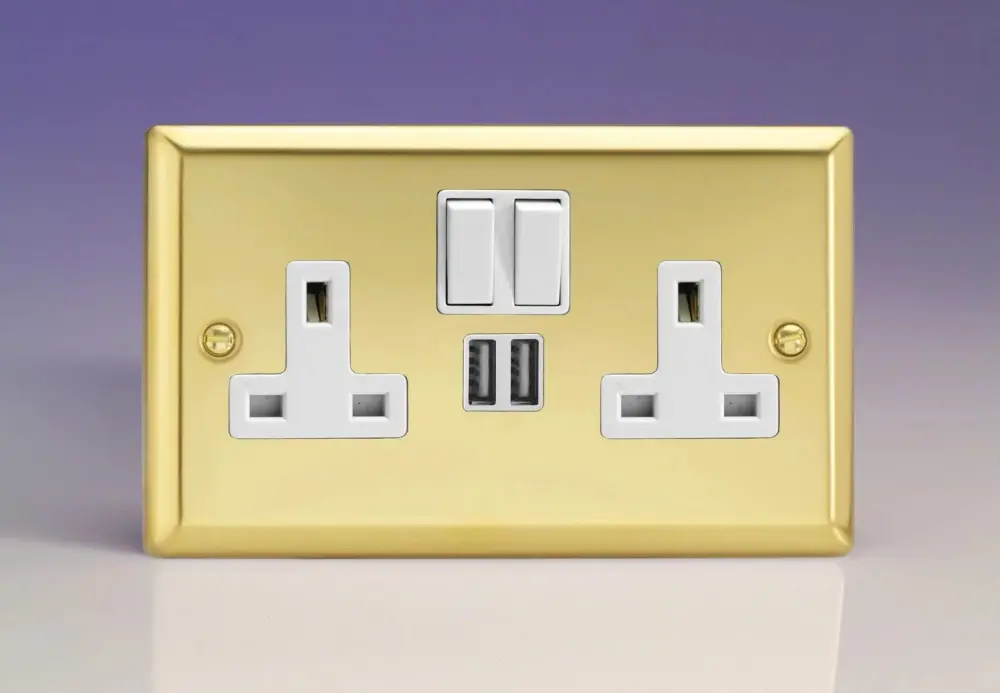 Varilight XV5U2SW 13A Socket 2-Gang USB Victorian Brass Ivory