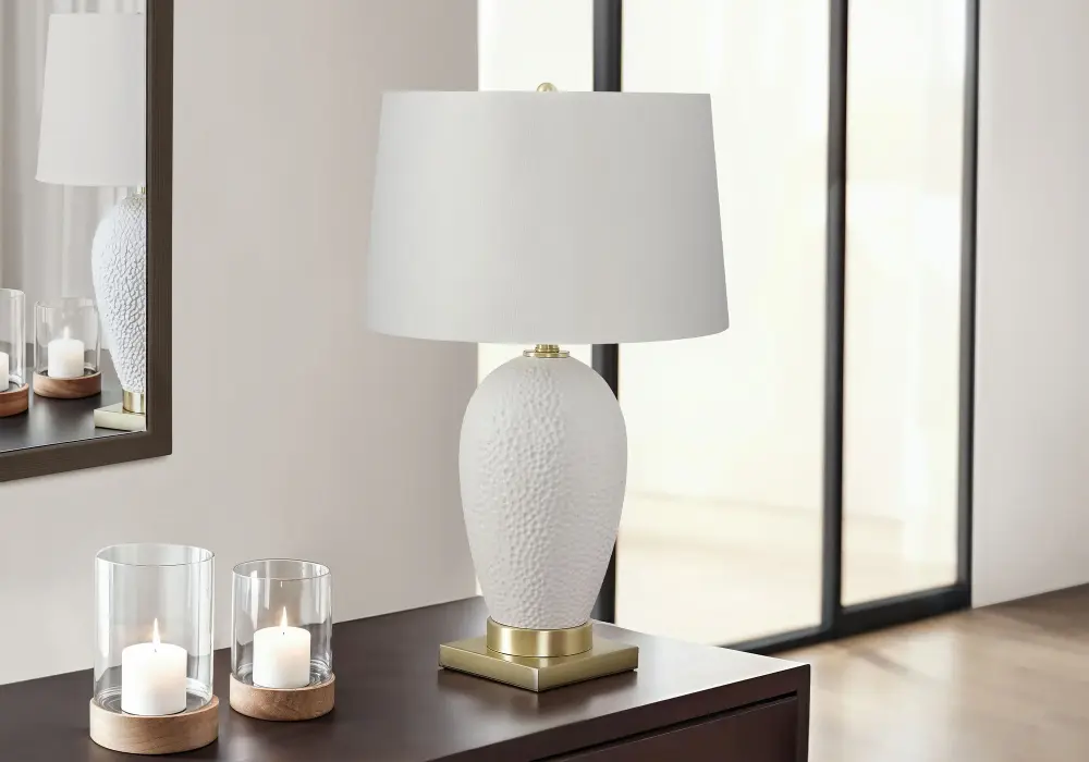Fabric Drum Lighting, Table Lamp, Earthenware, Transitional - White