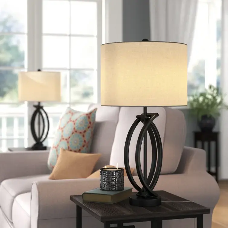 Maxax 26" Creative Black Metal Table Lamp Set 2 Ivory Fabric Drum Shade #T81