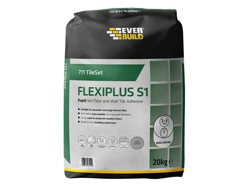 Everbuild 711 TileSet Flexiplus Tile Adhesive Snow 20kg Compatible Most Surfaces