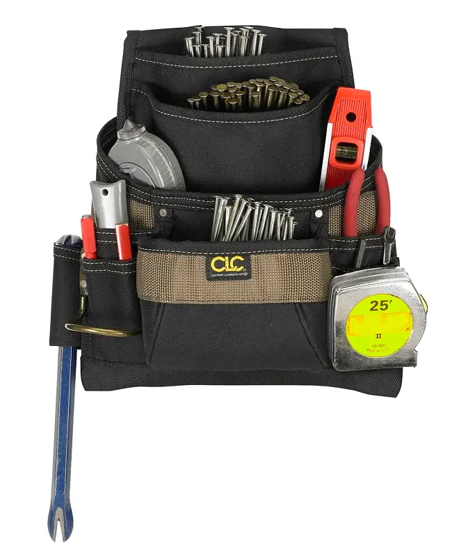 CLC Tool Works Series 1620 Nail/Tool Bag, 12-3/4 W, 3-1/4 D, 13-3/4 H, 11-Pocket, Polyester, Black/Brown