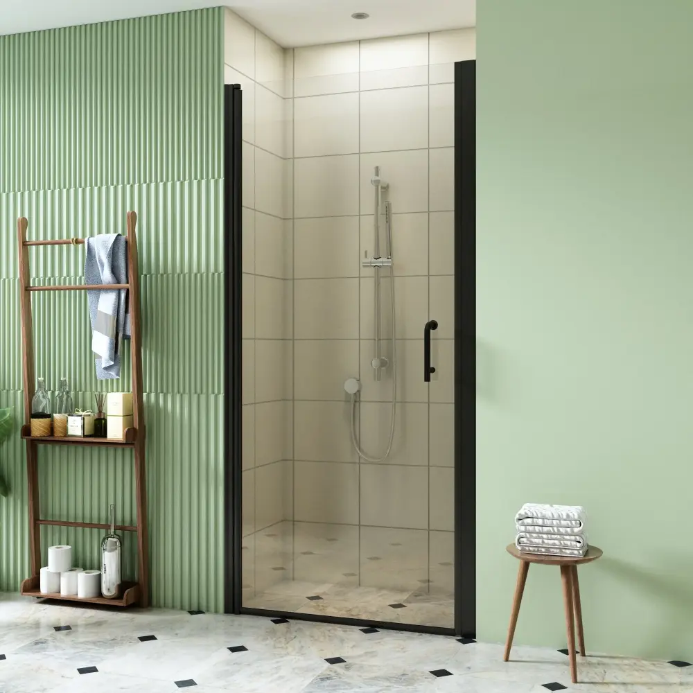 34-35 1/2'' . W x 72 . H Pivot Swing Minimalist Frameless Shower Door Satin Black Clear Glass