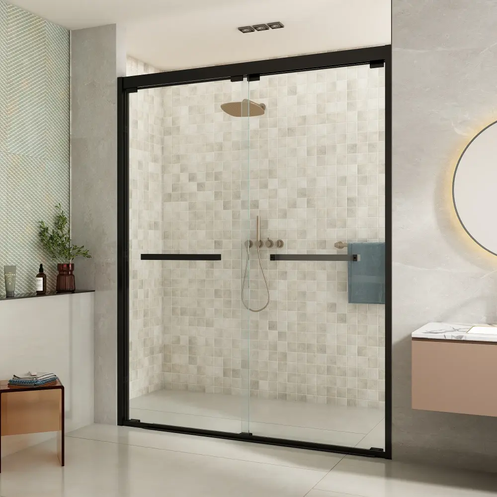 56-60 . W x 76 . H Sliding Semi-Frameless Shower Door Satin Black Clear Glass
