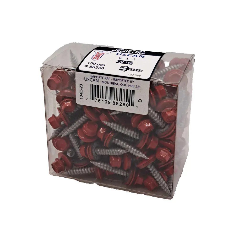 Bright Red Painted Roofing Screw, #9 x 1" (100 Units)