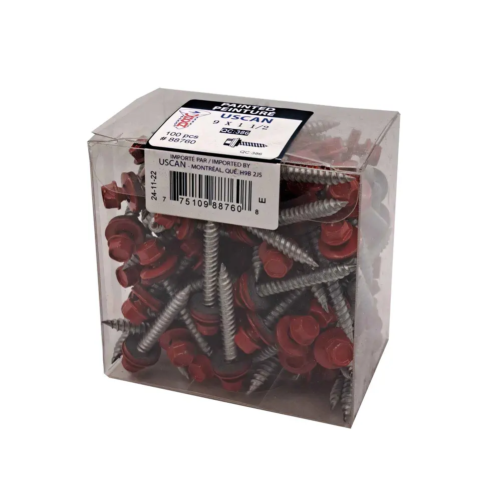 Bright Red Painted Roofing Screw, #9 x 1-1/2" (100 Units)