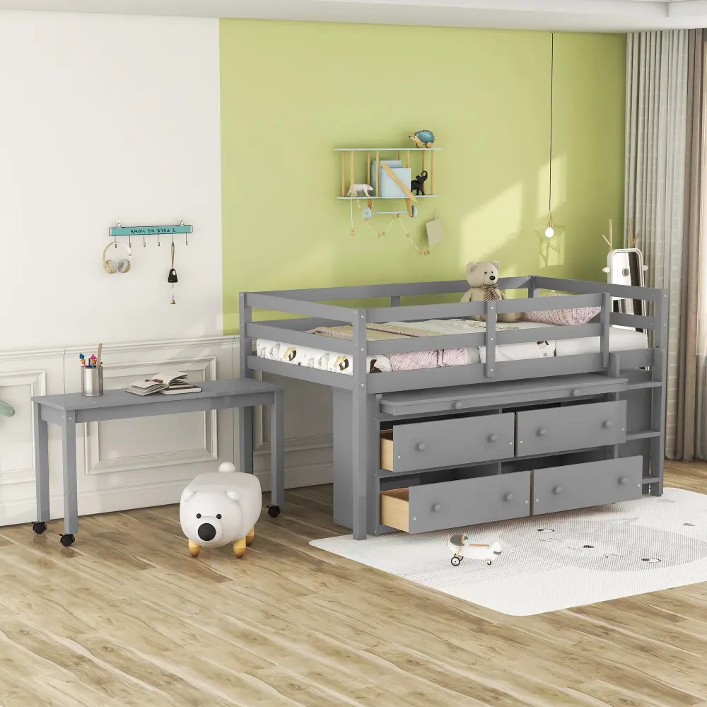 Heavy Duty Loft Bed Telescoping Writing Desk And 4 Drawers, Lateral Portable Desk And Shelves