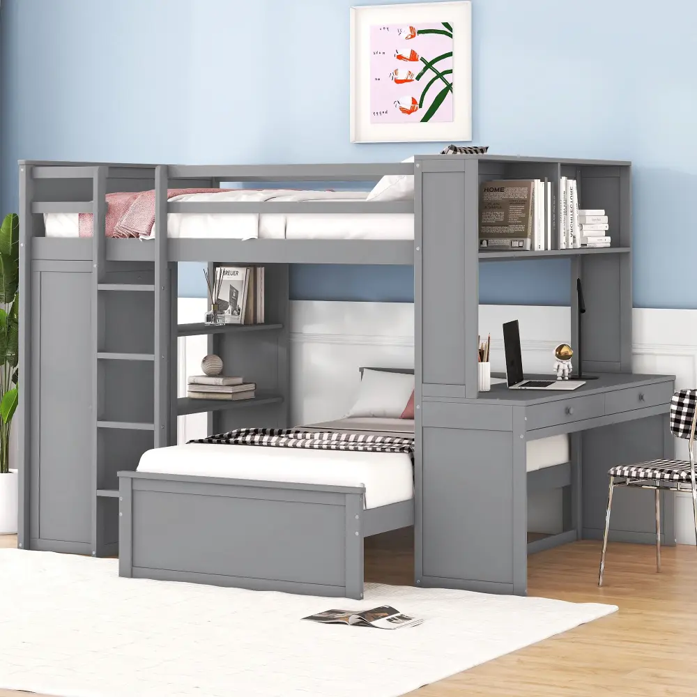 Loft Bed Twin Size Independent Bed, Shelves, Desk, And Wardrobe
