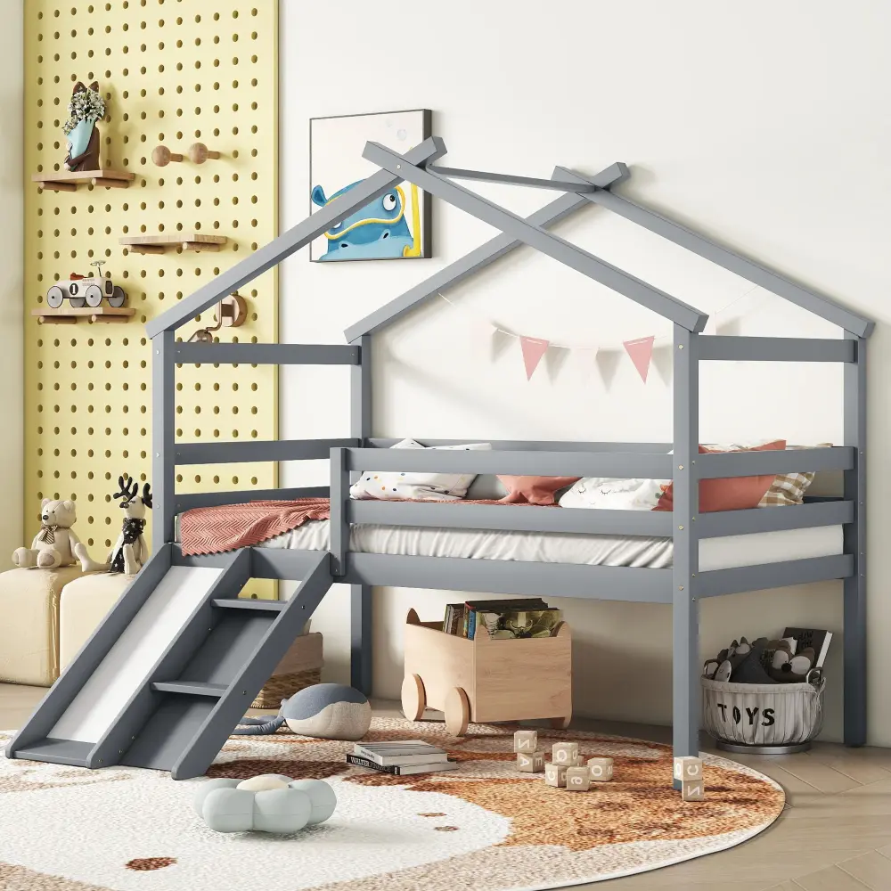 Low Loft House Bed Slide, Ladder, Safety Guardrails, House Roof Frame Made USA