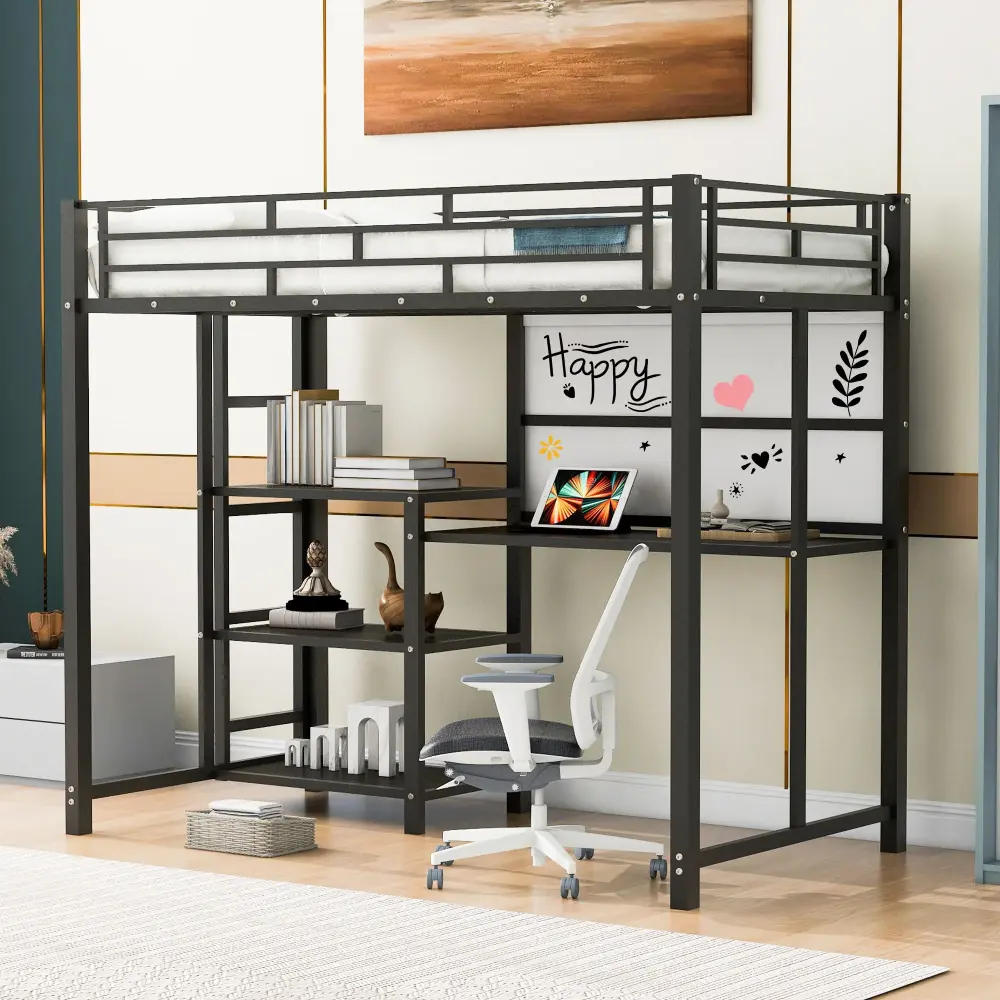Metal Loft Bed Desk, 3 Shelves And Ladder
