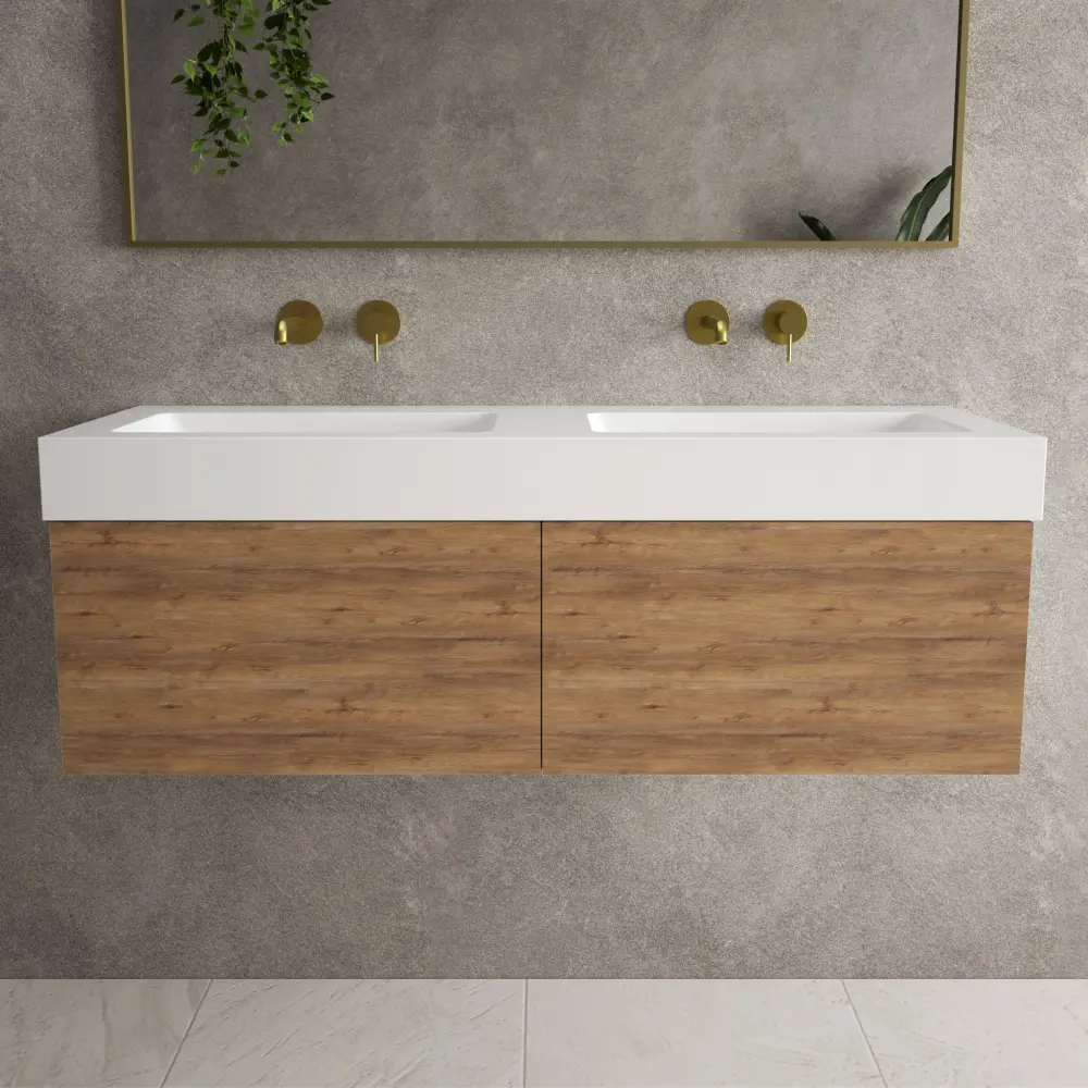 Raffinata Two Drawer Vanity Unit Beyondstone BLOC Twin Basin - Oak 1200mm