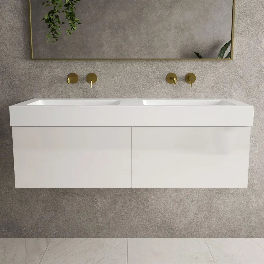 Raffinata Two Drawer Vanity Unit Beyondstone BLOC Double Basin - Gloss Pearl 1200mm