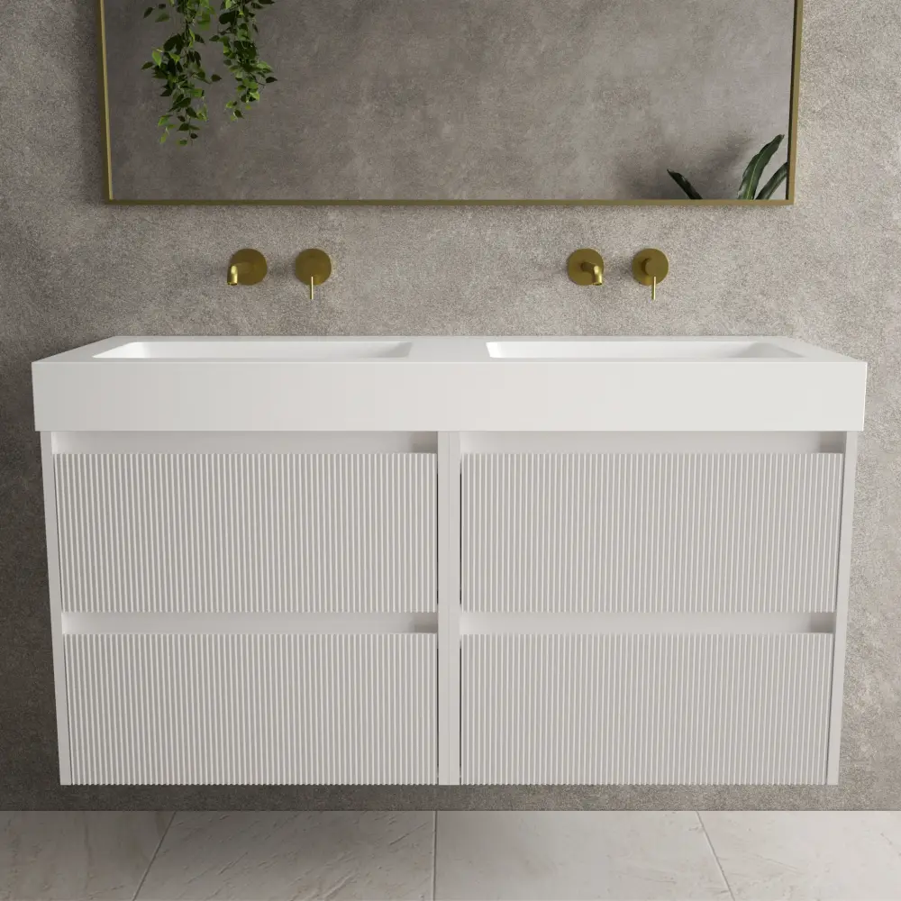 Scanalato Four Drawer Vanity Unit Beyondstone BLOC Double Basin - Unmixed White 1200mm