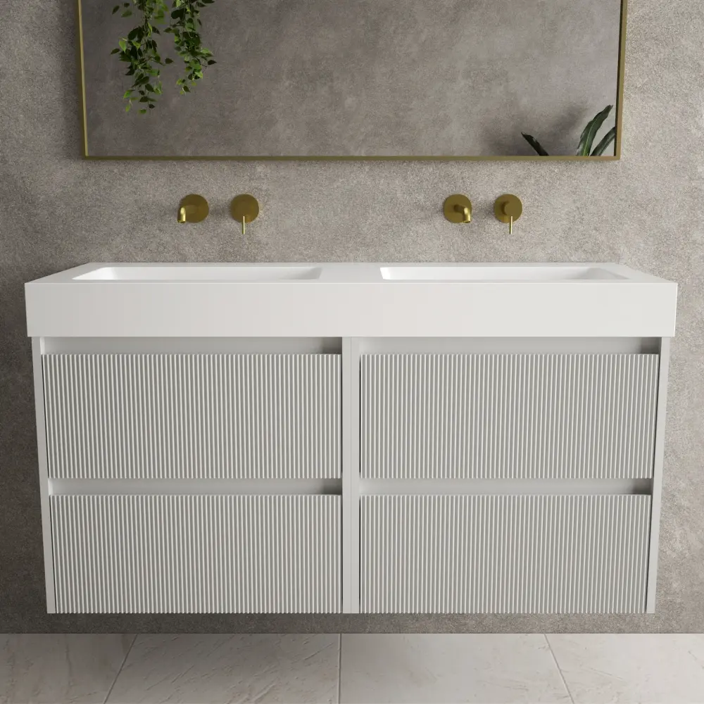 Scanalato Four Drawer Vanity Unit Beyondstone BLOC Twin Basin - Soft Grey 1200mm