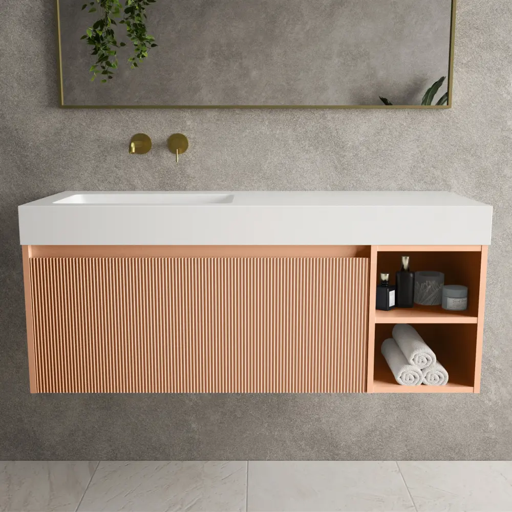 Scanalato Sole Drawer Vanity Unit Open Storage Space And Beyondstone BLOC Basin - Peach Fuzz 1200mm
