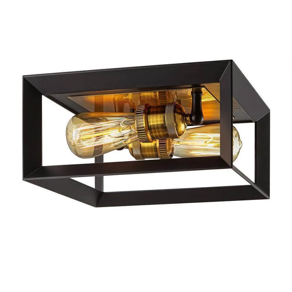 Walden Forge 11.5 . 2-Light Flat Black Frame Flush Mount Antique Brass Sockets Damaged Box