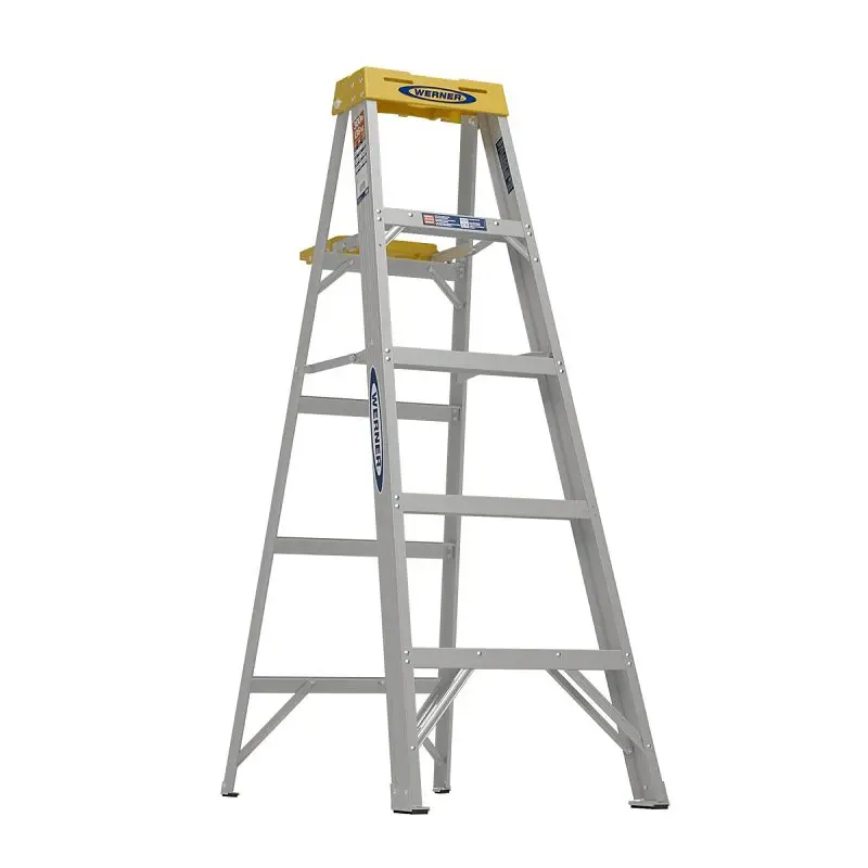 WERNER 375 Step Ladder, 9 ft Max Reach H, 4-Step, 300 lb, Type IA Duty Rating, 3 D Step, Aluminium, Black