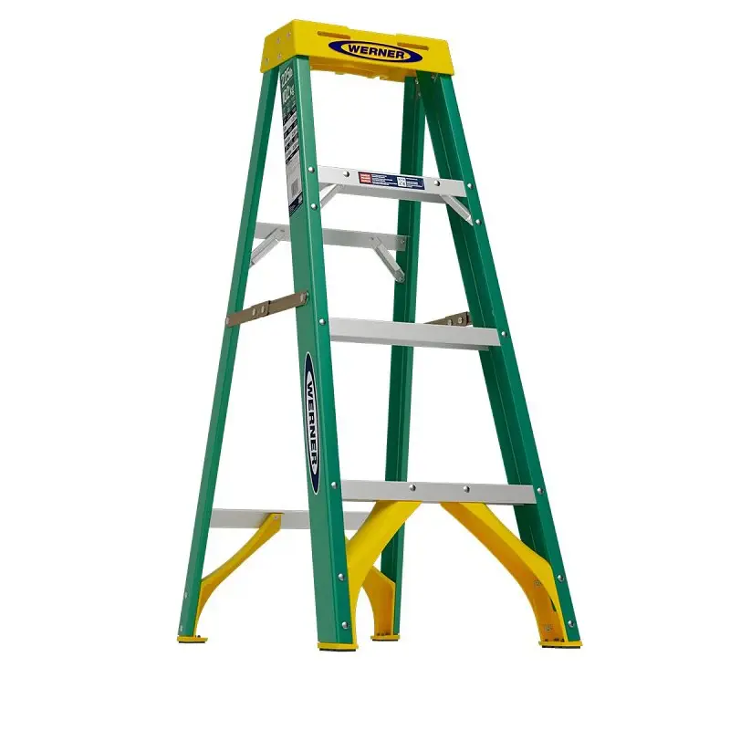 WERNER 5904 Step Ladder, 8 ft Max Reach H, 3-Step, 225 lb, Type II Duty Rating, 3 D Step, Grp, Yellow