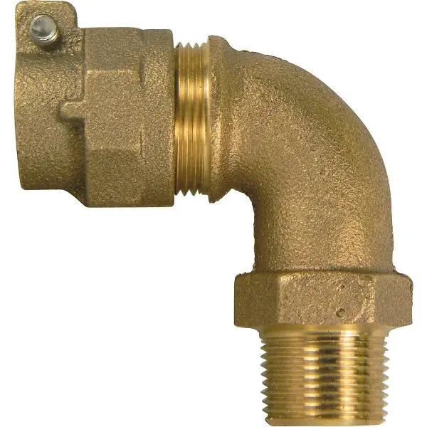 Anderson Metals 1 Inch 90 Degrees Brass Threaded Elbow, MIP Polyethylene Pipe Connector, 1/4 Bend, 400437