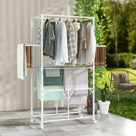Costway OSHA-Compliant 68.5 Inches Foldable Aluminum Laundry Rack Hanging Rods and Drying Shelves, White, JZ10191WH