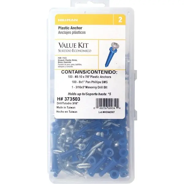 HILLMAN Anchor Center #8 - #10 Thread 7/8 Inch Pan Phillips Head Blue Nylon Anchor Kit, 373503