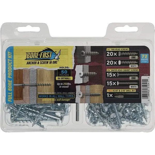 HILLMAN Bore-Fast Pan & Wafer Head Expansion Anchor & Thread-Forming Screw One Kit, 72 pieces, 377638